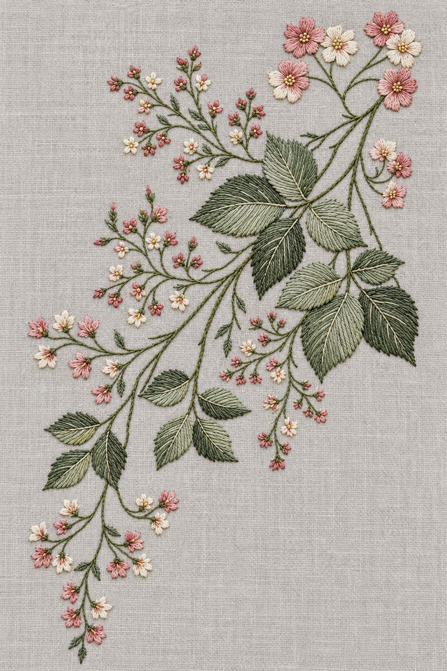 Fine cotton hand embroidery of diagonal wildflower and serrated leaf spray, from Napkins, Table Runners and Kitchen Linens Book Four.