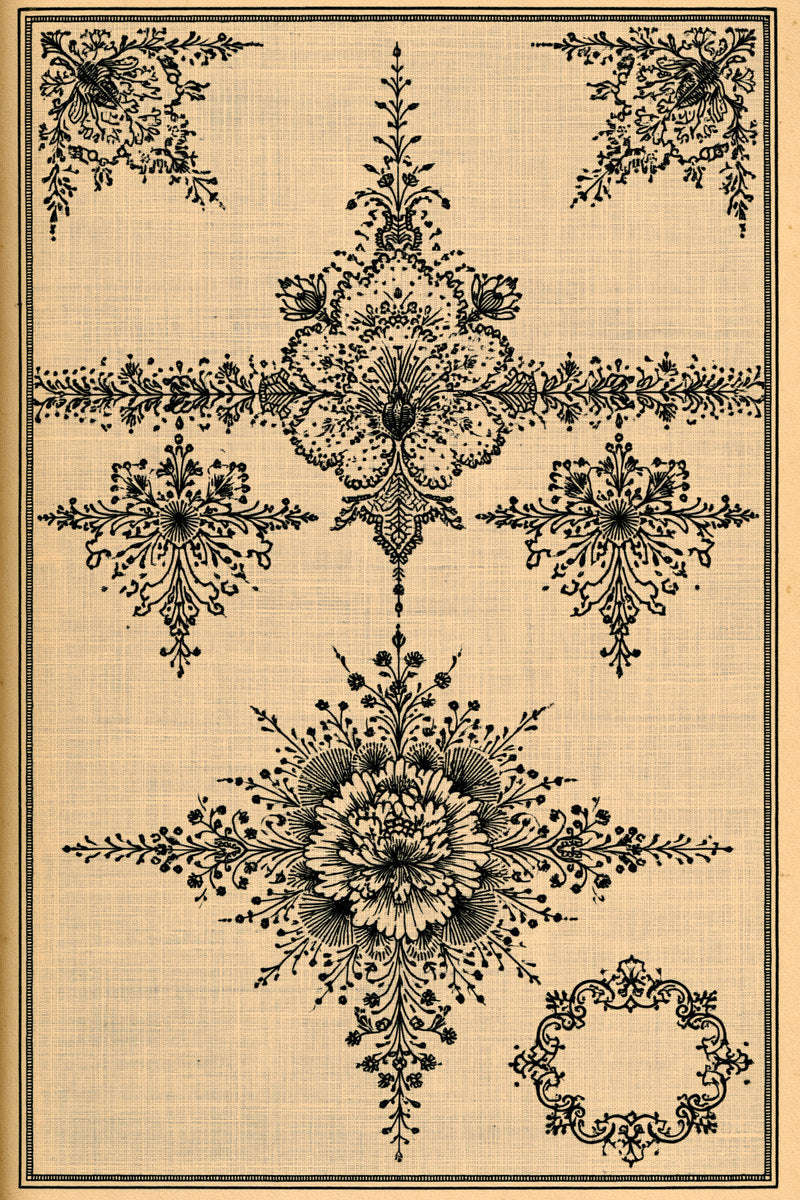 Original drawing of ornate floral medallion sampler, from Napkins, Table Runners and Kitchen Linens Book Four.