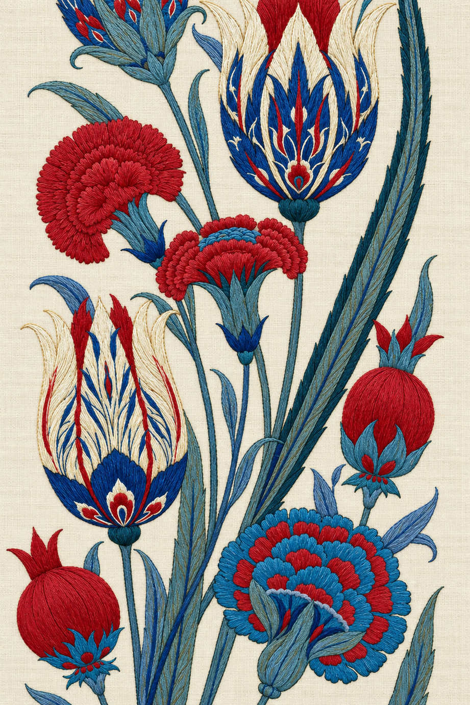 Fine cotton hand embroidery of ottoman tulips carnations and pomegranates, from Napkins, Table Runners and Kitchen Linens Book Four.