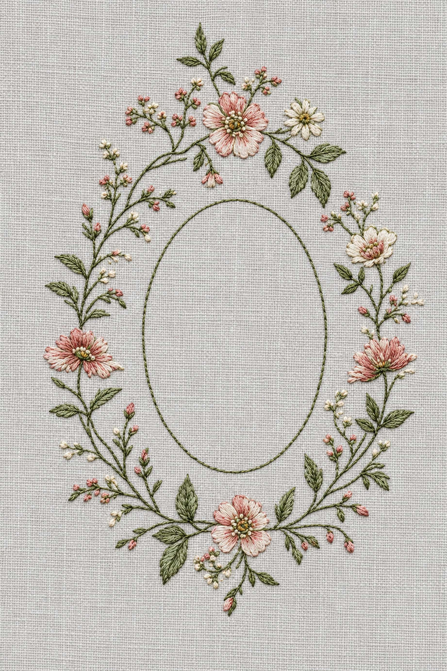 Fine cotton hand embroidery of oval wildflower wreath, from Napkins, Table Runners and Kitchen Linens Book Four.