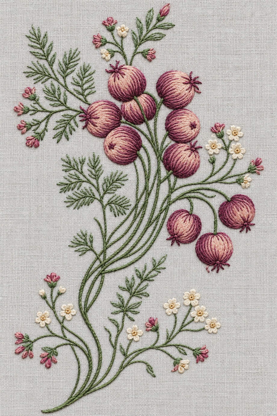 Fine cotton hand embroidery of round berries and meadow sprigs, from Napkins, Table Runners and Kitchen Linens Book Four.