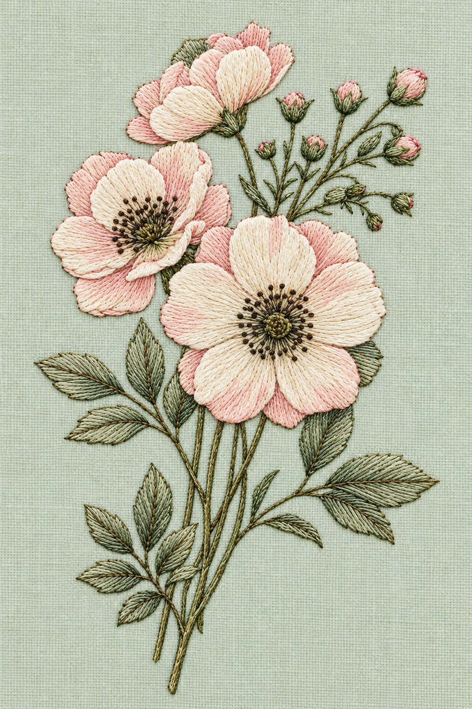 Fine cotton hand embroidery of three wild roses and buds, from Napkins, Table Runners and Kitchen Linens Book Four.