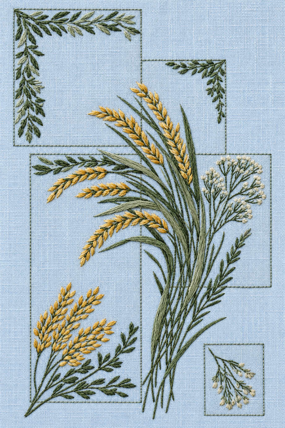 Fine cotton hand embroidery of wheat and leafy border sampler, from Napkins, Table Runners and Kitchen Linens Book Four.