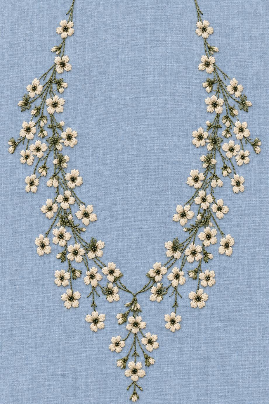 Fine cotton embroidery of airy blossom neckline with central sprig on dusty powder blue linen, from Neckline and Collar Embroidery Designs Book One.