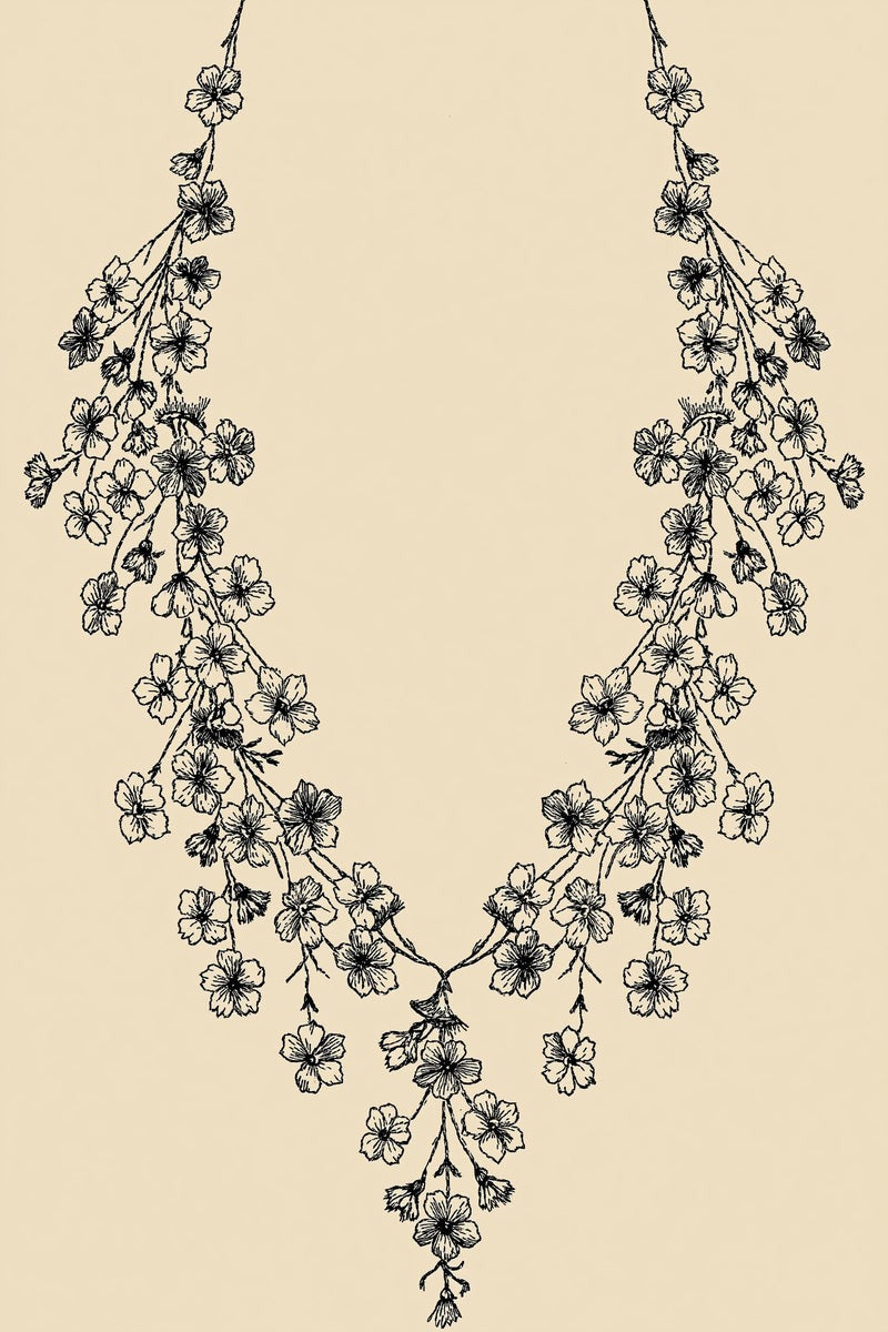 Original drawing of airy blossom neckline with central sprig, from Neckline and Collar Embroidery Designs Book One.