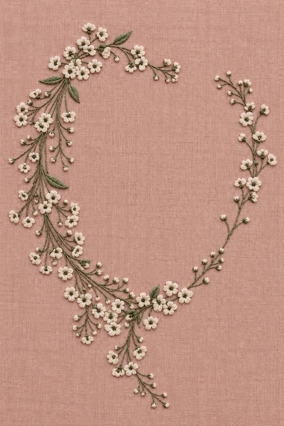 Fine cotton embroidery of asymmetric small blossom crescent neckline on dusty rose linen, from Neckline and Collar Embroidery Designs Book One.