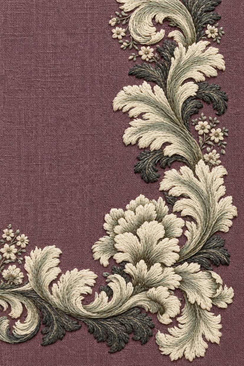 Fine cotton embroidery of baroque acanthus and flower corner border on dusty plum linen, from Neckline and Collar Embroidery Designs Book One.
