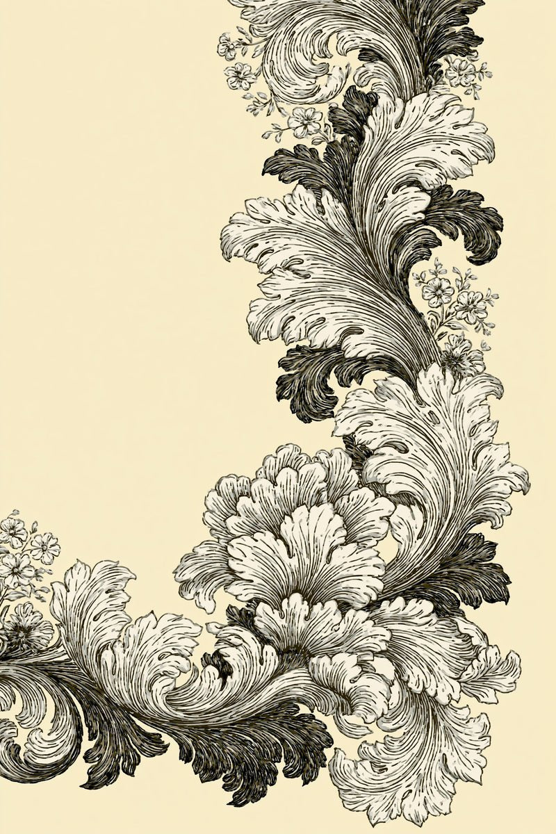 Original drawing of baroque acanthus and flower corner border, from Neckline and Collar Embroidery Designs Book One.