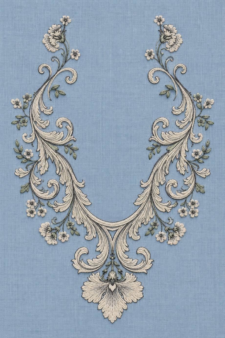 Fine cotton embroidery of baroque round neckline with pendant flower on dusty powder blue linen, from Neckline and Collar Embroidery Designs Book One.