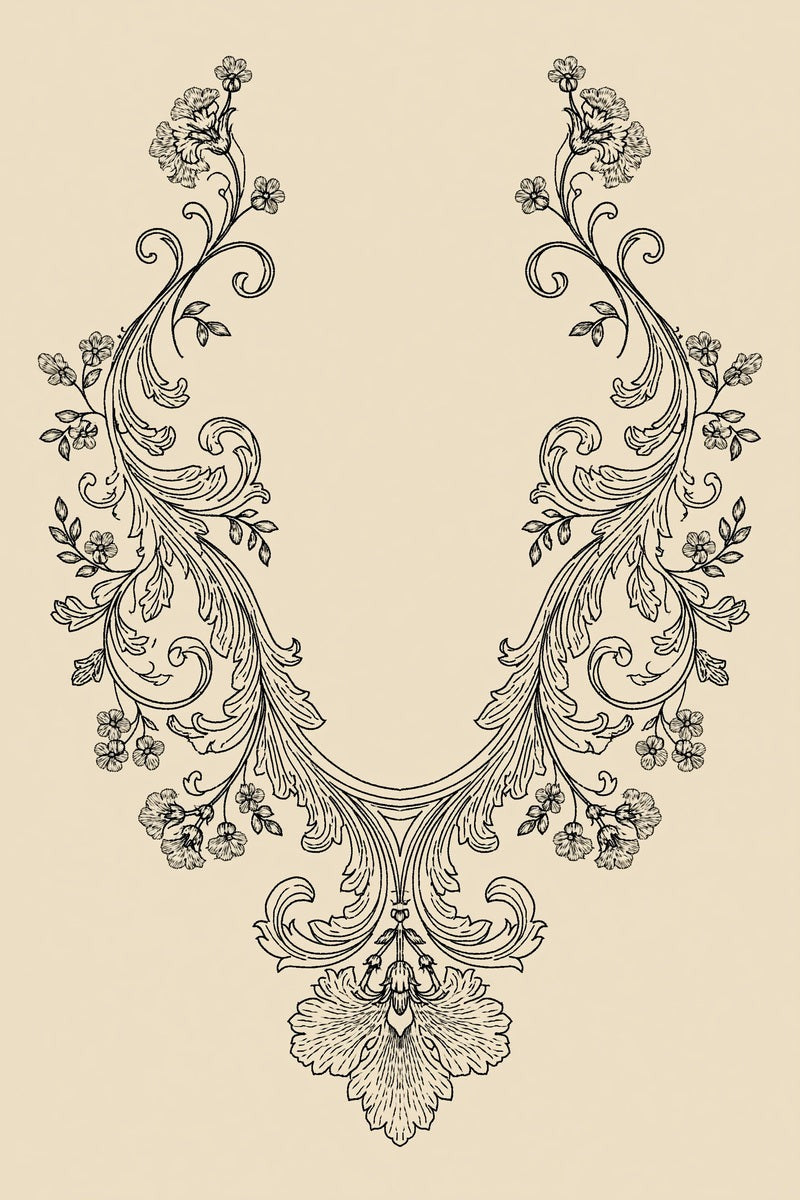 Original drawing of baroque round neckline with pendant flower, from Neckline and Collar Embroidery Designs Book One.