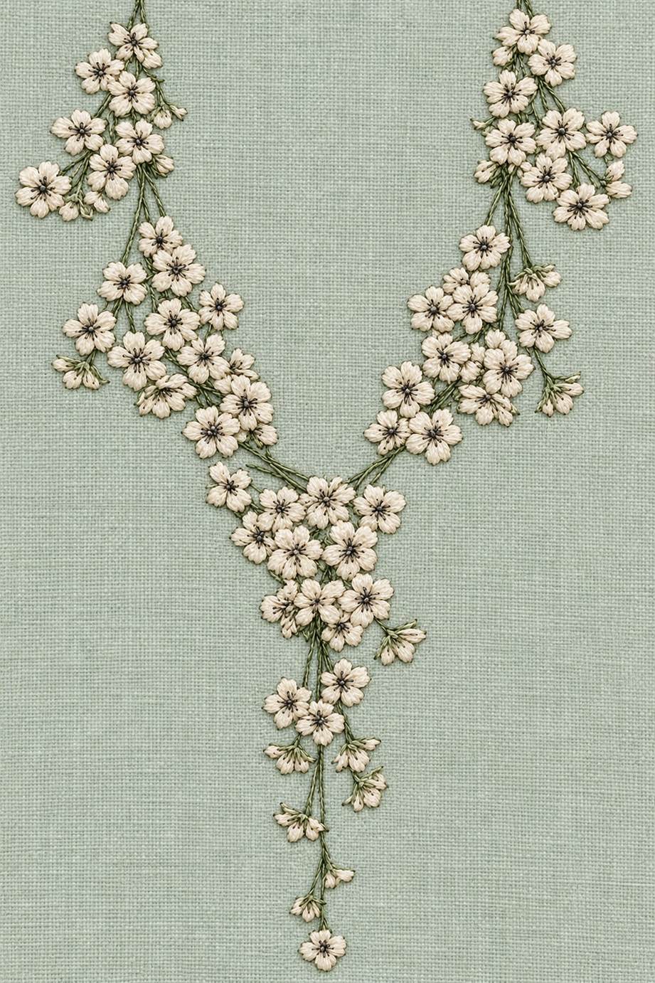 Fine cotton embroidery of clustered blossom v neckline with long drop on pale celadon linen, from Neckline and Collar Embroidery Designs Book One.