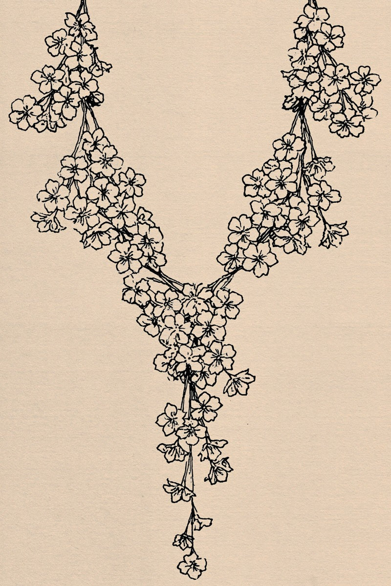 Original drawing of clustered blossom v neckline with long drop, from Neckline and Collar Embroidery Designs Book One.