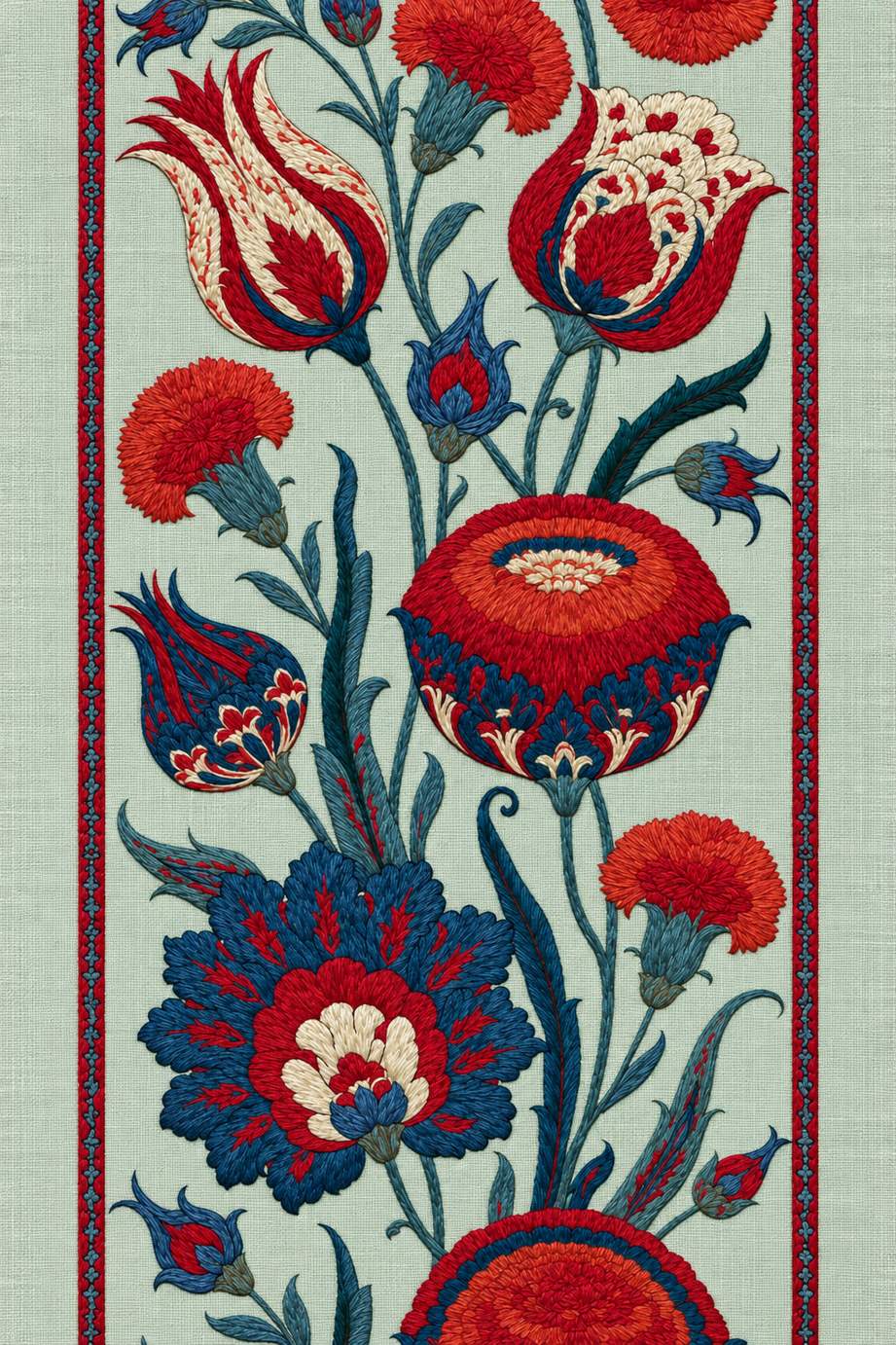 Fine cotton embroidery of crimson and navy turkish floral cuff panel on pale celadon linen, from Neckline and Collar Embroidery Designs Book One.