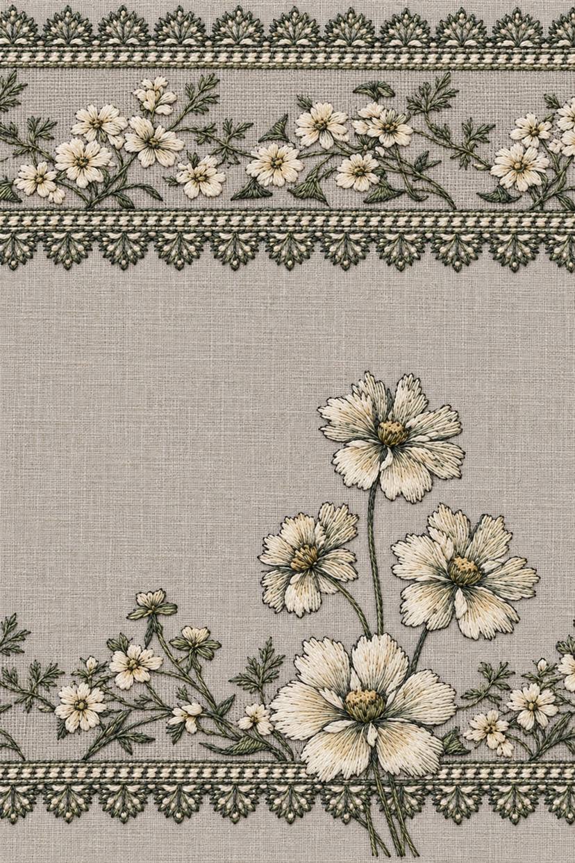 Fine cotton embroidery of double floral cuff borders with four blossoms on warm stone grey linen, from Neckline and Collar Embroidery Designs Book One.