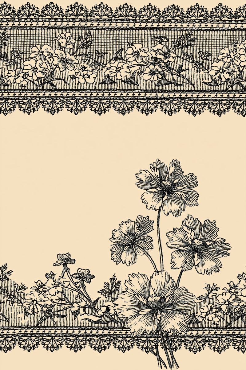 Original drawing of double floral cuff borders with four blossoms, from Neckline and Collar Embroidery Designs Book One.