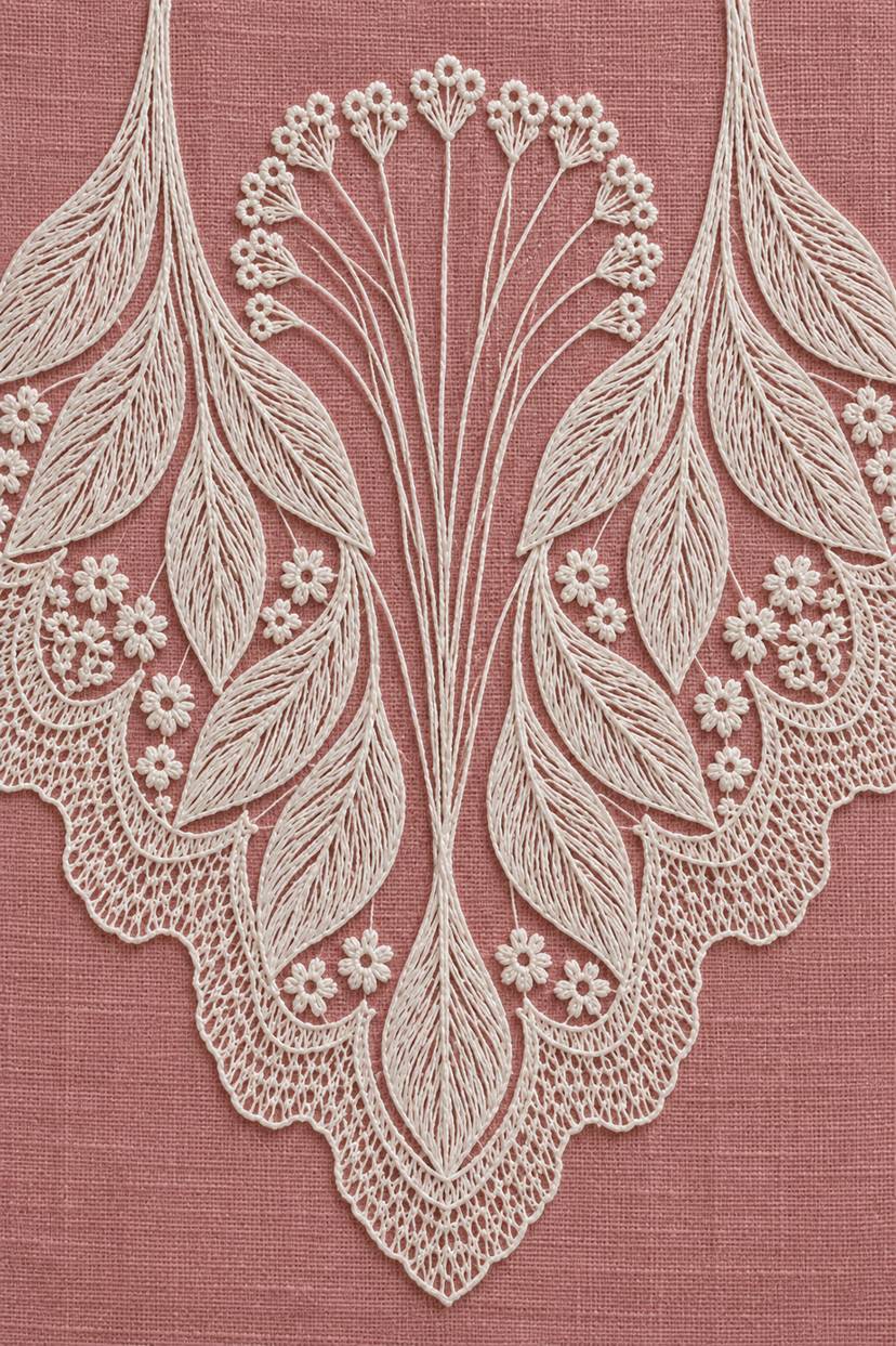 Fine cotton embroidery of ivory whitework collar with fan stems and leaves on dusty rose linen, from Neckline and Collar Embroidery Designs Book One.