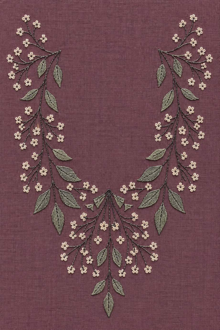 Fine cotton embroidery of leaf and small blossom neckline with pendant spray on dusty plum linen, from Neckline and Collar Embroidery Designs Book One.