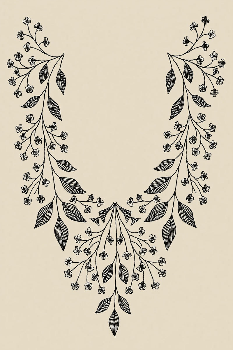 Original drawing of leaf and small blossom neckline with pendant spray, from Neckline and Collar Embroidery Designs Book One.