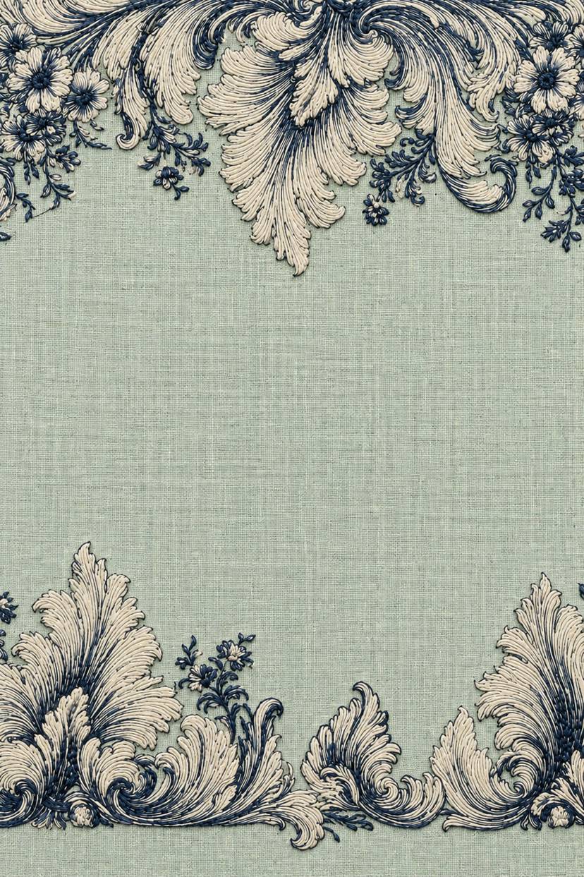 Fine cotton embroidery of paired baroque acanthus borders on pale celadon linen, from Neckline and Collar Embroidery Designs Book One.