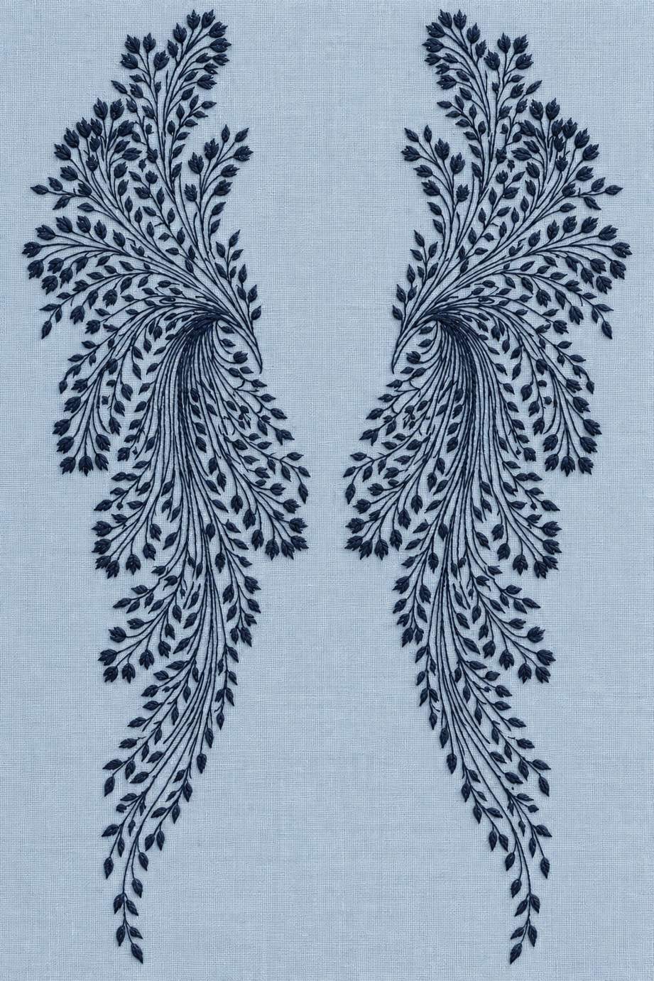 Fine cotton embroidery of paired sweeping bud and leaf jacket panels on dusty powder blue linen, from Neckline and Collar Embroidery Designs Book One.