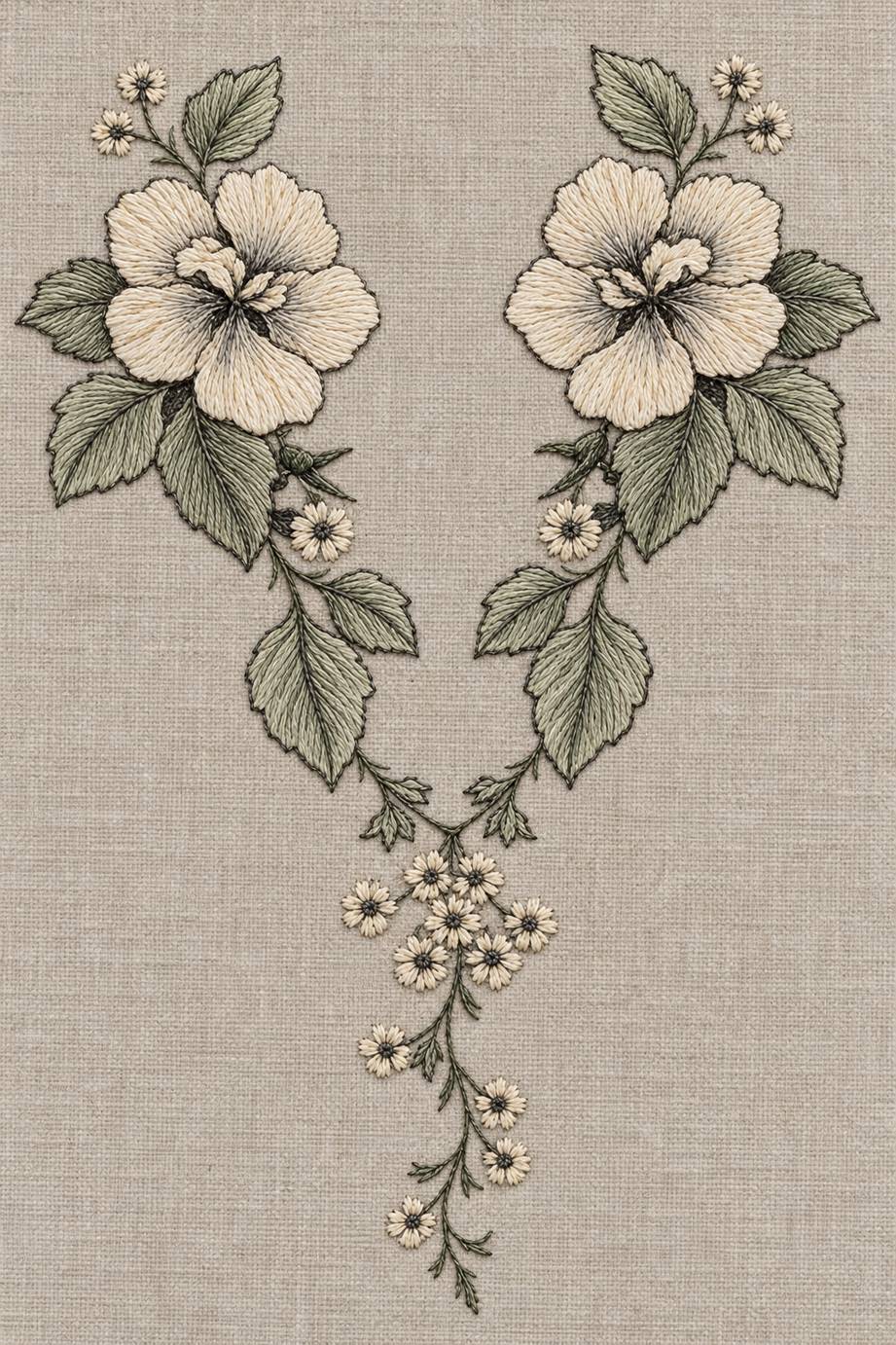 Fine cotton embroidery of paired wild rose neckline with daisy drop on warm stone grey linen, from Neckline and Collar Embroidery Designs Book One.