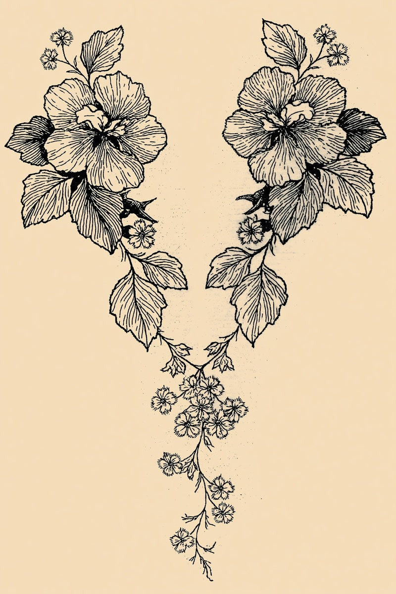 Original drawing of paired wild rose neckline with daisy drop, from Neckline and Collar Embroidery Designs Book One.