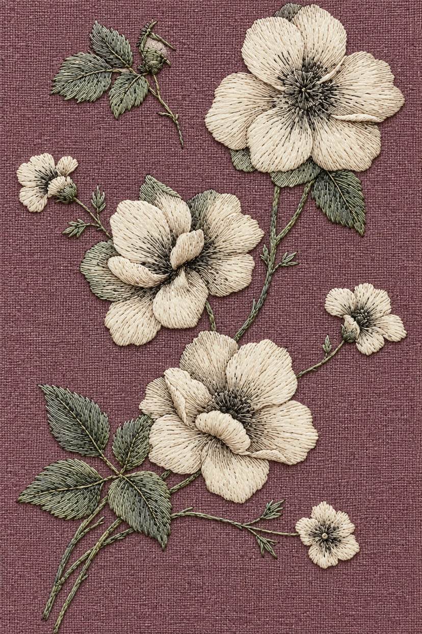 Fine cotton embroidery of three wild roses and detached bud sprig on dusty plum linen, from Neckline and Collar Embroidery Designs Book One.