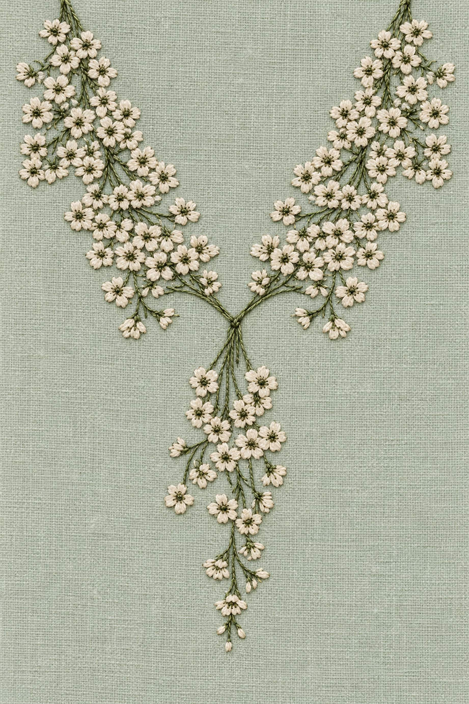 Fine cotton embroidery of dense small blossom v neckline and pendant on pale celadon linen, from Neckline and Collar Embroidery Designs Book Three.