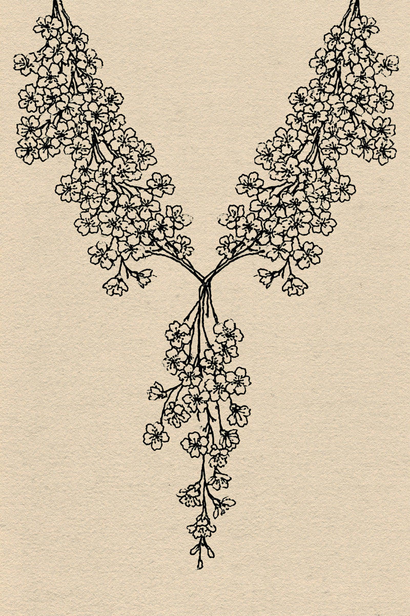 Original drawing of dense small blossom v neckline and pendant, from Neckline and Collar Embroidery Designs Book Three.