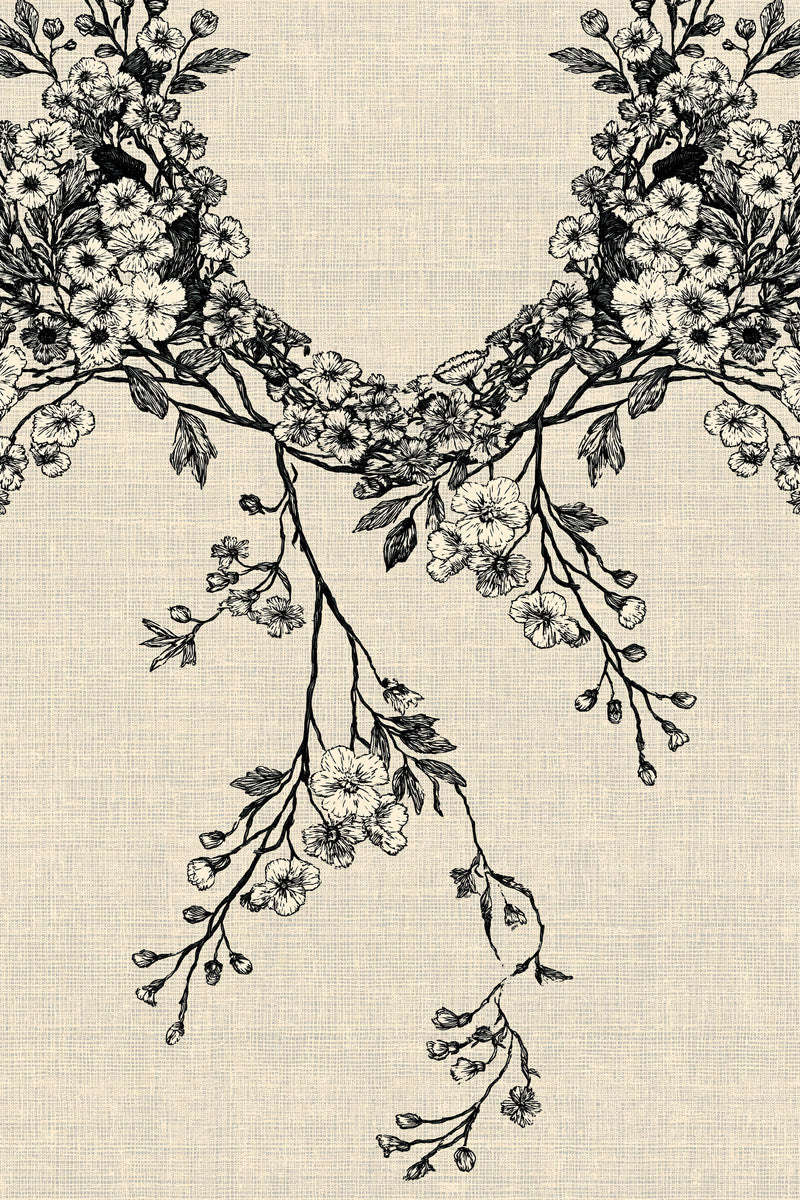 Original drawing of floral shoulder neckline with trailing branches, from Neckline and Collar Embroidery Designs Book Three.