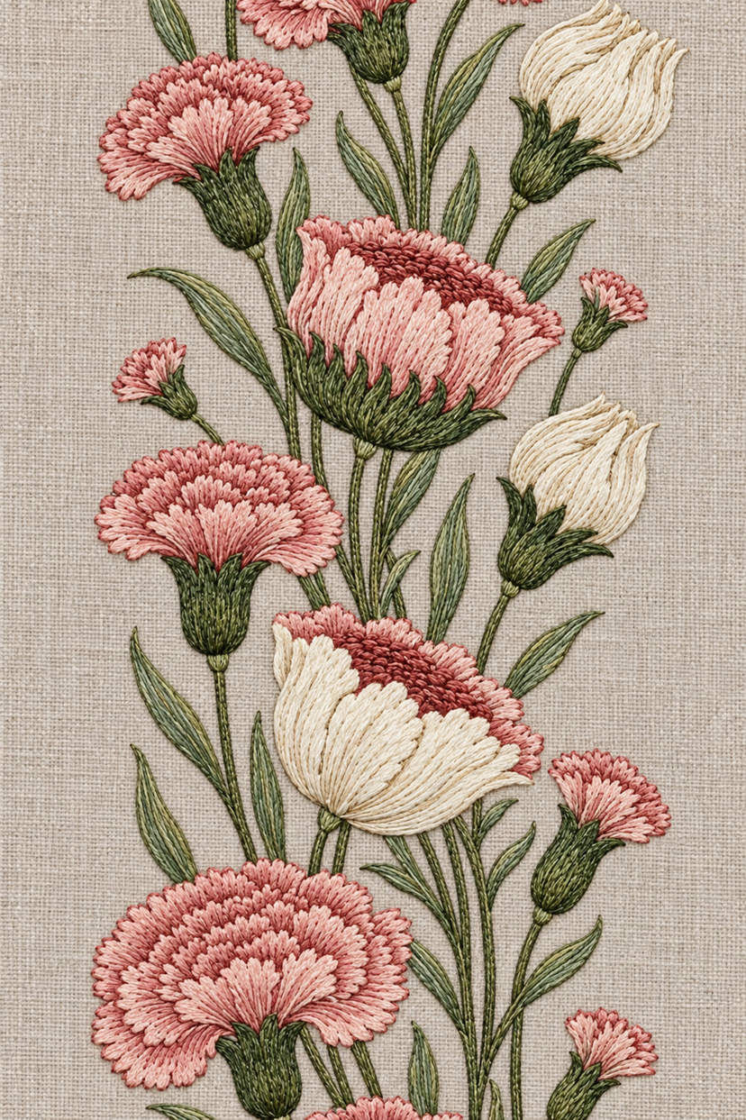 Fine cotton hand embroidery of tall carnation and tulip floral panel on warm stone grey linen, from Neckline and Collar Embroidery Designs Book Three.