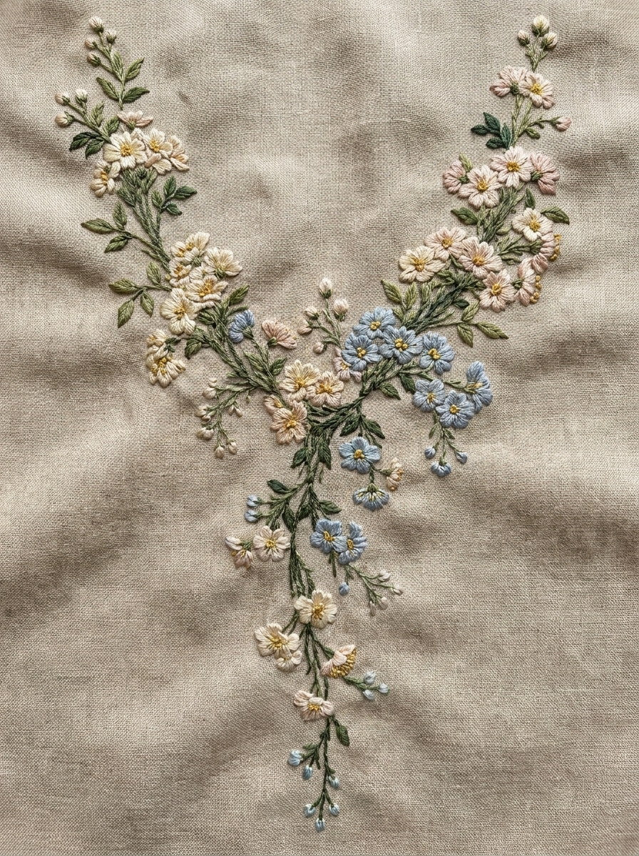 Neckline Floral Accent Neckline from Necklines & Collars Embroidery Book 2, a digital embroidery design reference for machine embroidery designs, embroidery patterns and garment placement ideas.