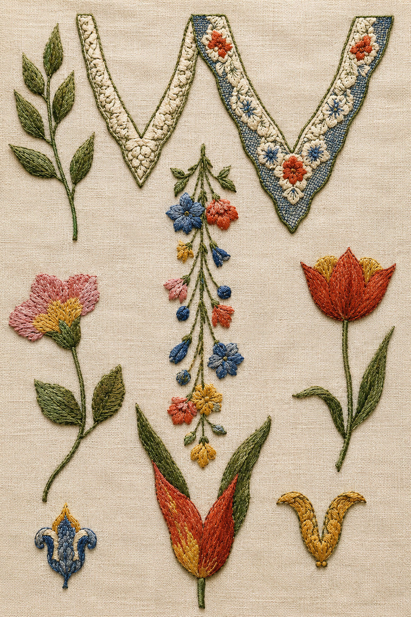 Neckline Motif Set from Neckline & Collar Embroidery Designs Book 2, a digital embroidery design reference for machine embroidery designs, embroidery patterns and garment placement ideas.