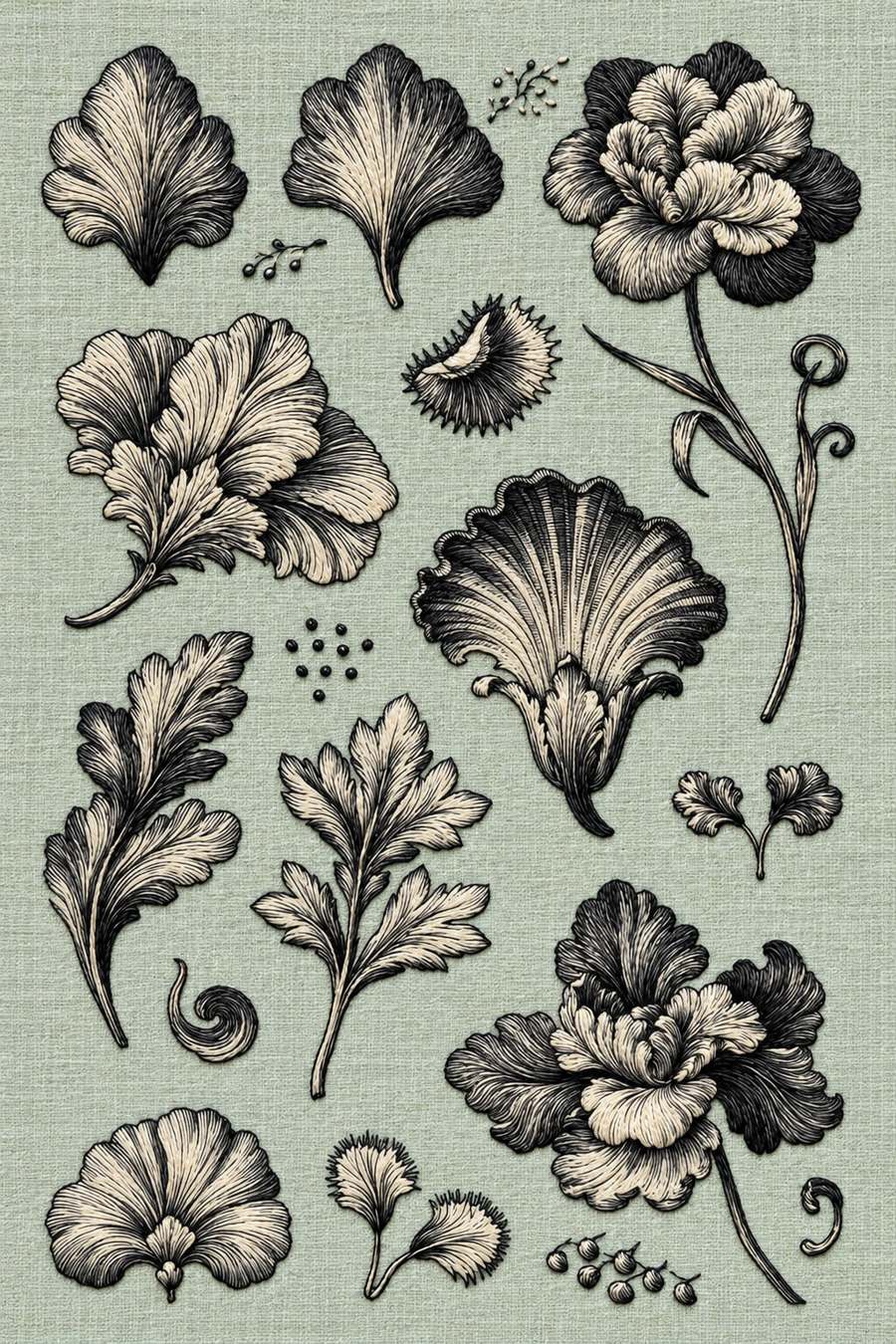 Hand embroidery of a botanical sampler of separate scalloped petals, layered flowers, acanthus leaves, curls, short stems and small dotted clusters in charcoal and ivory cotton on pale muted celadon linen.
