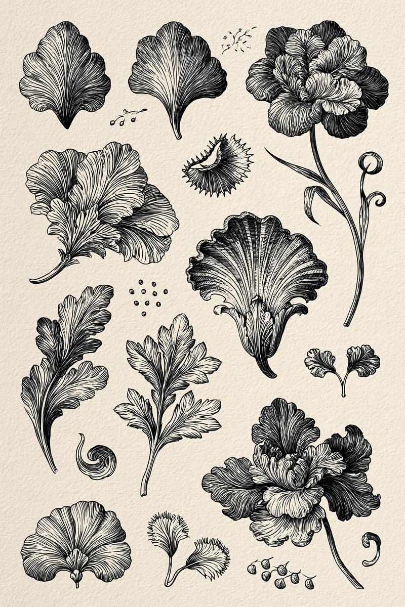 Original design: a botanical sampler of separate scalloped petals, layered flowers, acanthus leaves, curls, short stems and small dotted clusters.