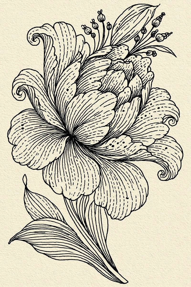 Original design: one broad layered flower with curling petals, upper buds and long pointed leaves on a curved stem.