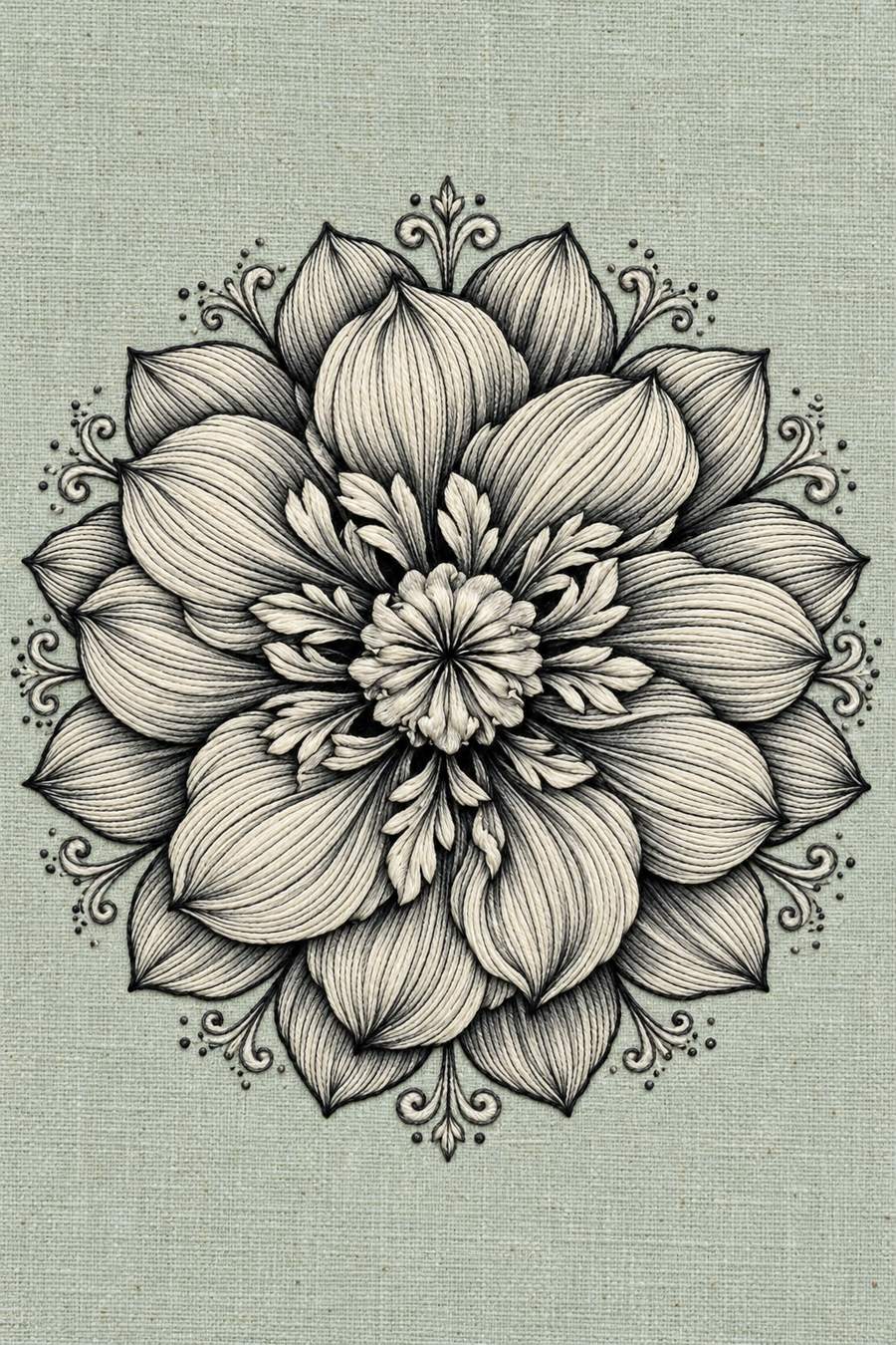 Hand embroidery of one large circular layered flower with broad pointed petals, a ruffled central rosette and fine surrounding leaf curls and dots in charcoal and ivory cotton on pale muted celadon linen.