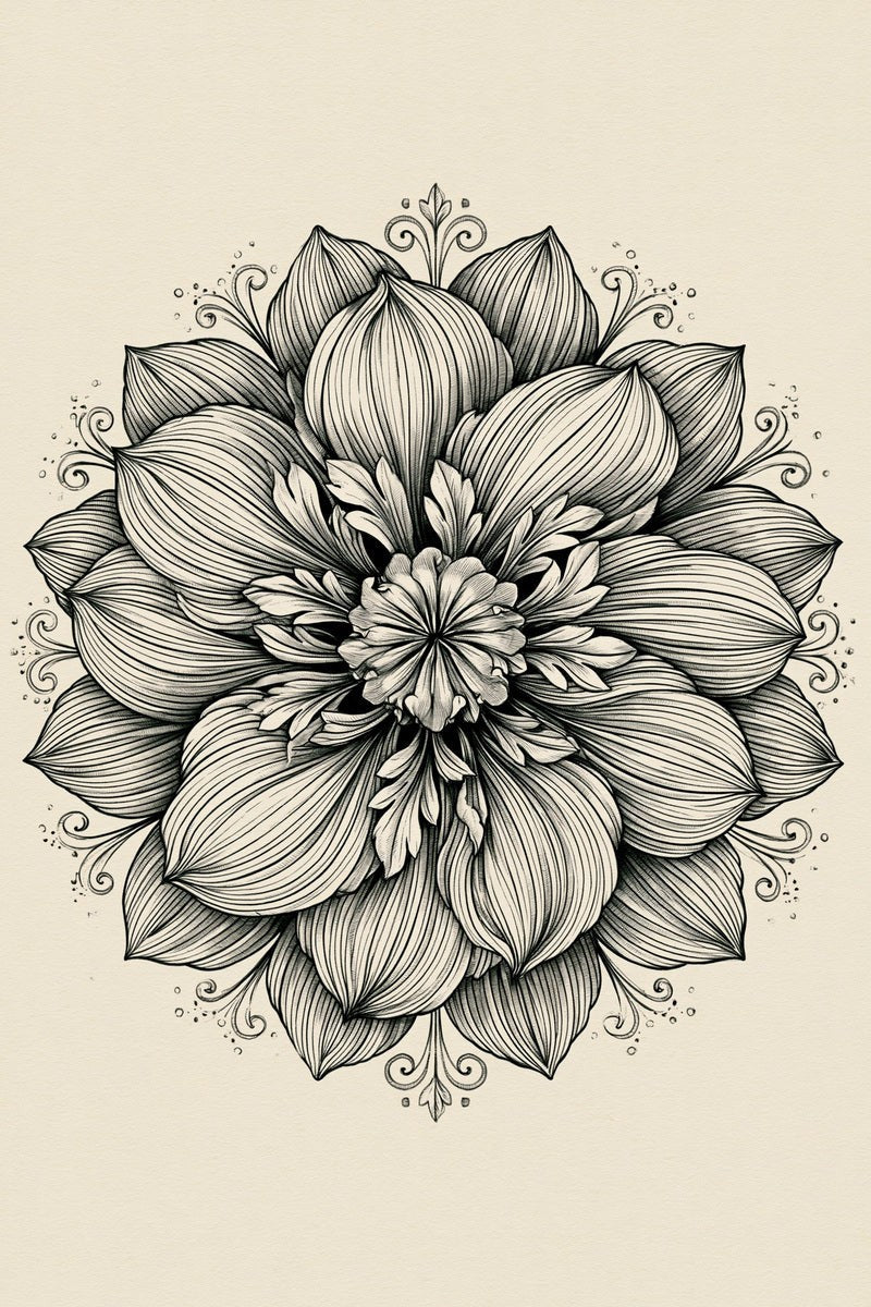 Original design: one large circular layered flower with broad pointed petals, a ruffled central rosette and fine surrounding leaf curls and dots.