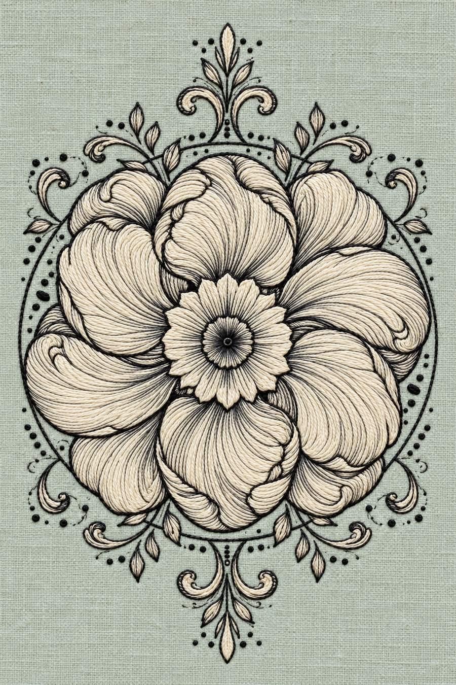 Hand embroidery of one large circular swirling petal rosette with a small central flower, fine outer curls, leaves and dots in charcoal and ivory cotton on pale muted celadon linen.