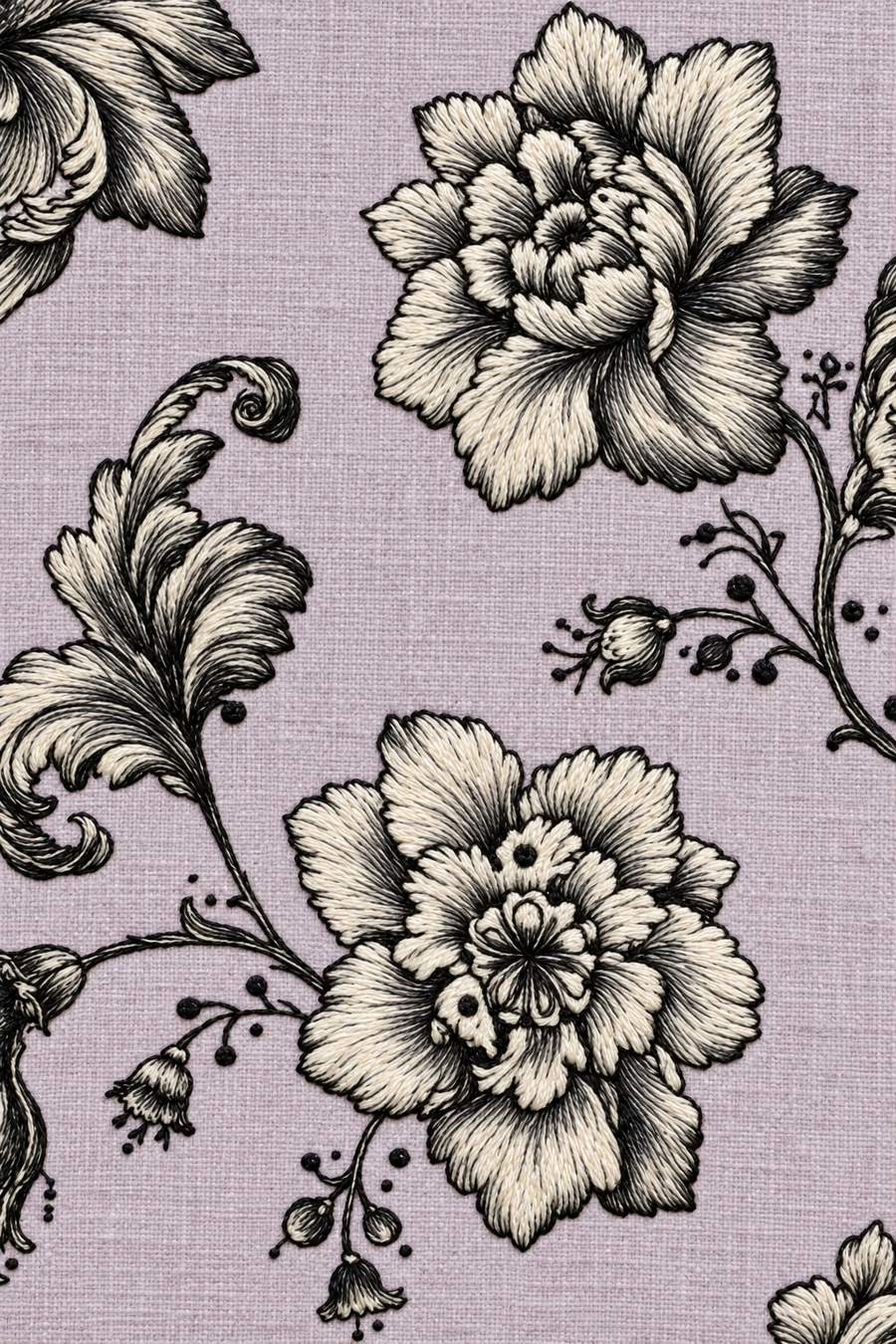 Hand embroidery of a full-page cropped pattern of layered flowers, sweeping acanthus leaves, thin stems, buds and fine dots in charcoal and ivory cotton on soft pale dusty lavender linen.