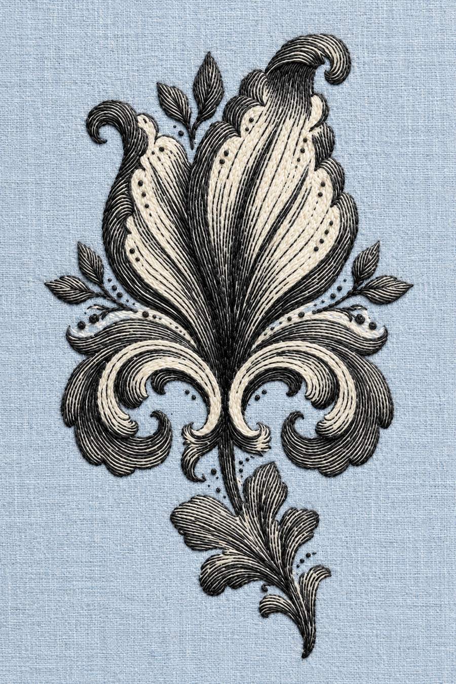 Hand embroidery of one tall curled baroque tulip with pointed leaves, scrollwork, dotted accents and an asymmetrical lower leaf in charcoal and ivory cotton on soft pale powder blue linen.