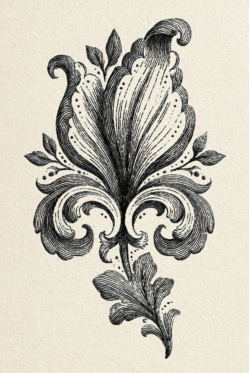 Original design: one tall curled baroque tulip with pointed leaves, scrollwork, dotted accents and an asymmetrical lower leaf.