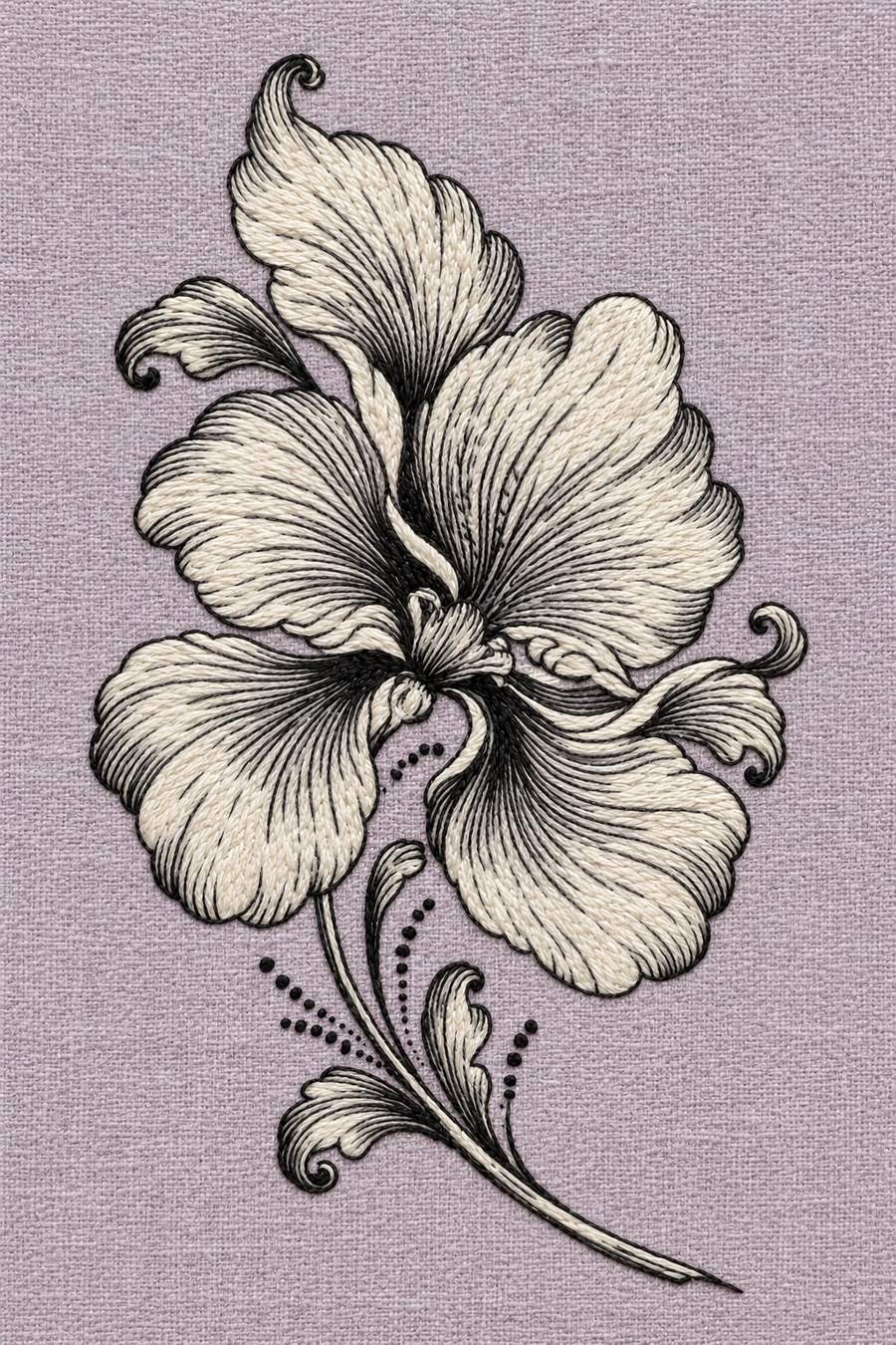 Hand embroidery of one large curled iris flower on a curved stem with small basal scroll leaves and dotted accents in charcoal and ivory cotton on soft pale dusty lavender linen.