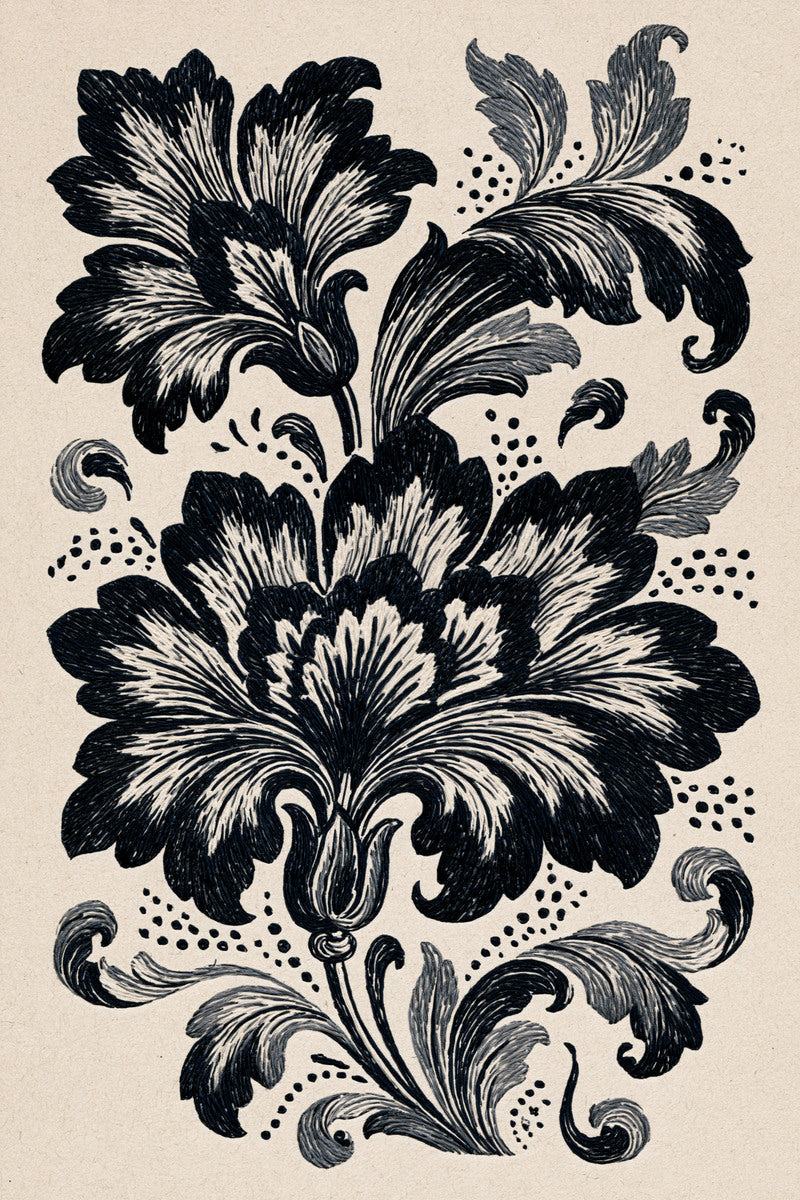Original design: one dense upright baroque floral composition with two large layered flowers, curled acanthus leaves, fine branching stems and clustered dots.