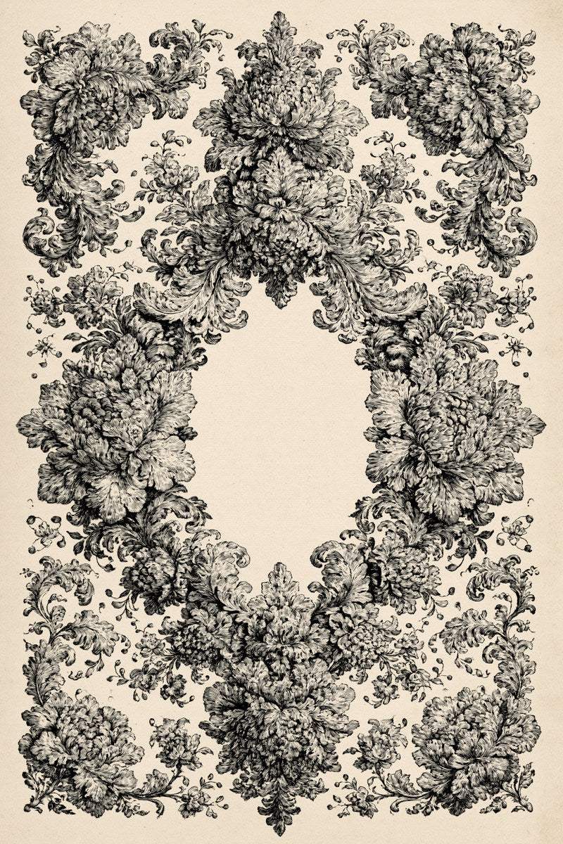Original design: one elaborate all-over floral scroll border with dense layered blossoms and acanthus foliage surrounding a large open central oval.
