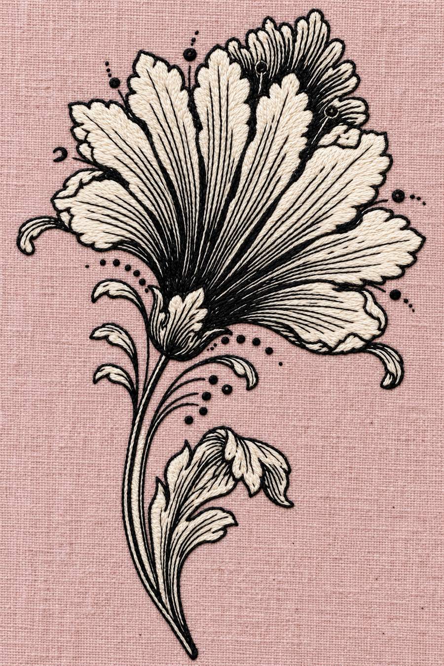 Hand embroidery of one tall open fan-shaped baroque flower with scalloped lobed petals, curling tips, a curved stem and a small drooping side bud in charcoal and ivory cotton on soft pale dusty rose linen.