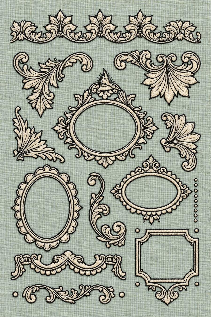 Hand embroidery of a sampler of fine ornamental floral frames, flowing acanthus scrolls, top horizontal frieze and dotted accents in charcoal and ivory cotton on pale muted celadon linen.