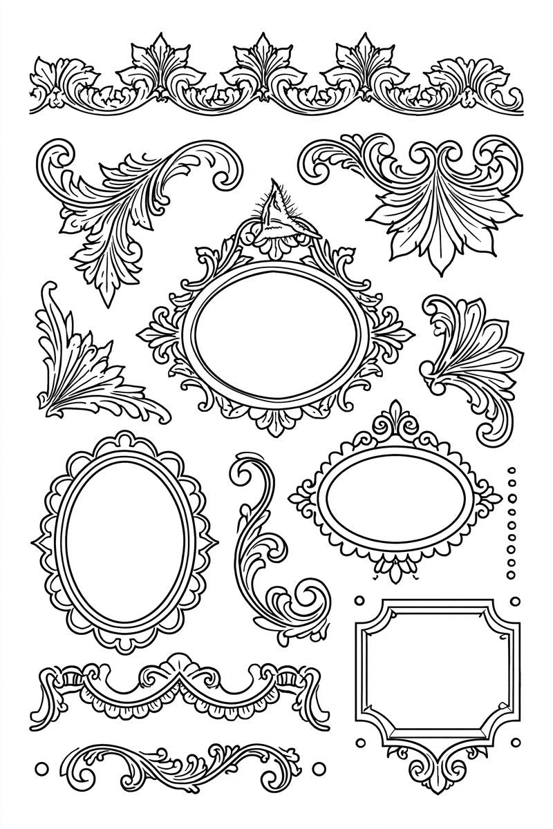 Original design: a sampler of fine ornamental floral frames, flowing acanthus scrolls, top horizontal frieze and dotted accents.