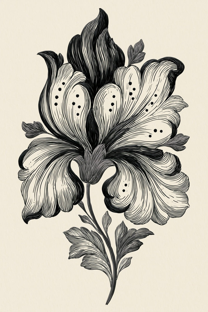 Original design: one tall flaring baroque lily with spotted ivory petals, dark pointed upper petals, fine curled lobes and a slender leafy stem.