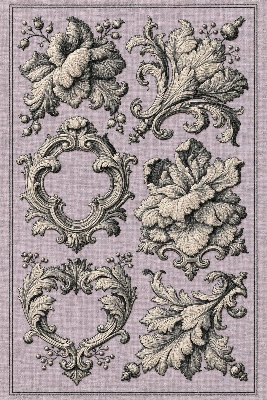 Hand embroidery of a specimen sheet with two ornate empty floral frames, two layered flowers, two acanthus scroll ornaments and the original fine double page border in charcoal and ivory cotton on soft pale dusty lavender linen.